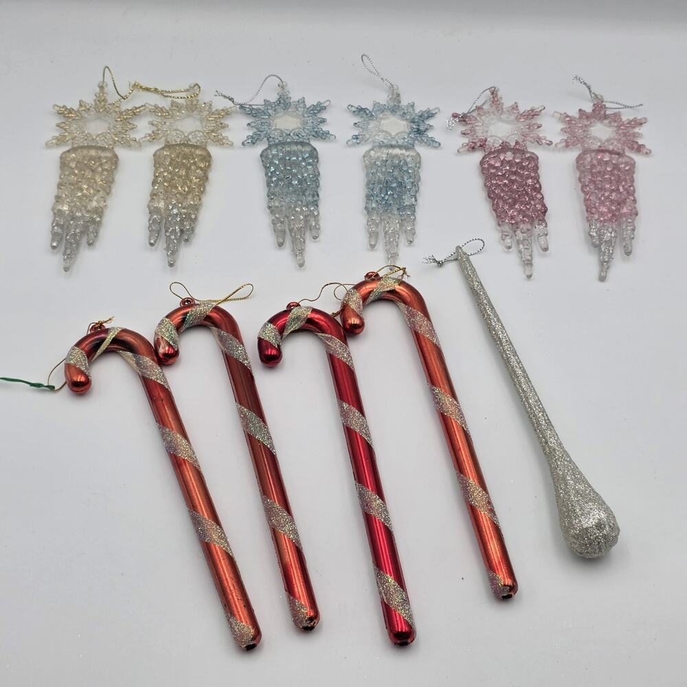 Vintage Lot Glittered Acrylic Snowflake Icicle Ornaments Plus Candycanes